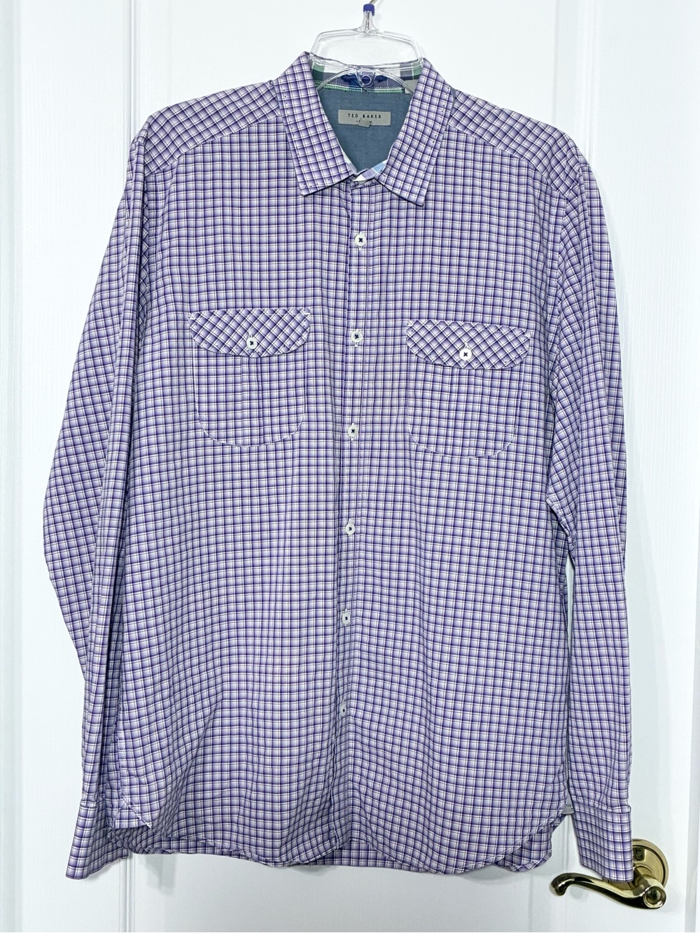 Ted Baker London Plaid Button Front Shirt Purple White Men’s Size 5 (XL)